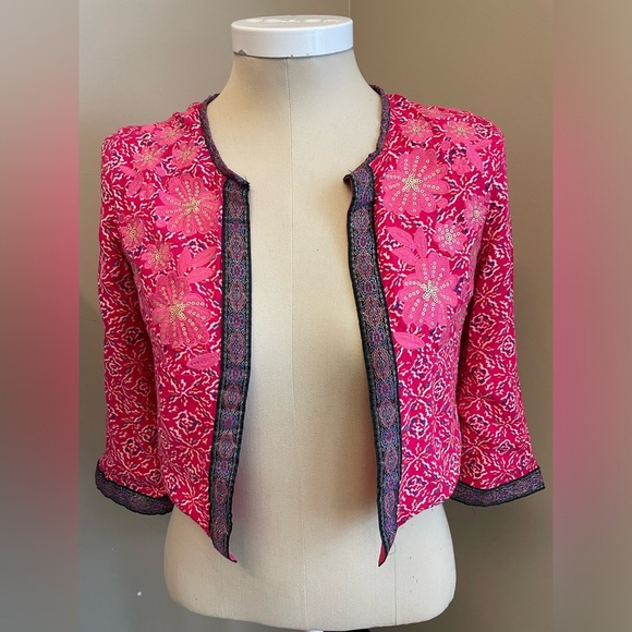 Quilted embellished embroidered boxy cotton open front womens jacket size small - Picture 3 of 7